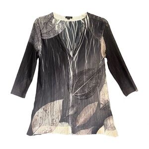 Komarov Pleated Sheer Tunic Top Womens Small Artsy Mesh Realistic Leaf Art Print